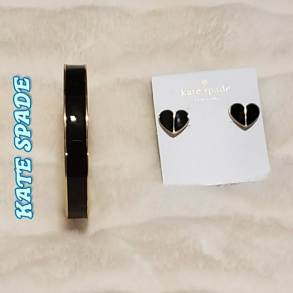 Kate Spade black enamel heart earrings & bangle bracelet
